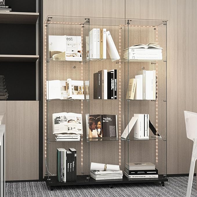 Yoluckea 4-Tier Glass Display Cabinet Extra Large with Bluetooth LED Light Strip, 2-Door Floor Standing Curio Cabinet with Universal Wheel for Home, Black Glass Bookshelf for Collections, Clear Top - Image 5