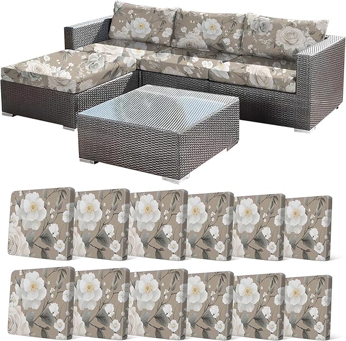 12Pcs Stretch Patio Cushion Cover, Vintage Floral Printed Couch & Sofa Slipcovers for Patio Furniture Cushions Washable Reusable Couch Covers Replacement for All-Season (Cover Only) by CALBODE