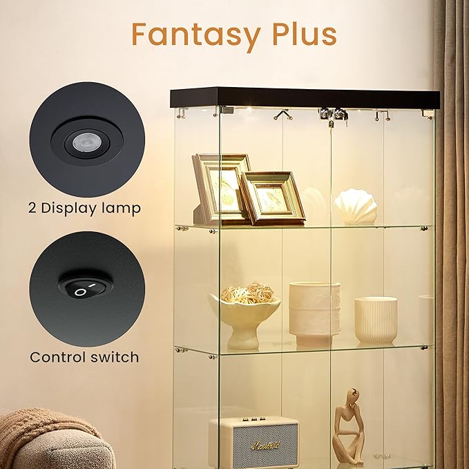 Yoluckea 4 Shelves Glass Display Cabinet with Light and 2 Doors, Floor Standing Clear Glass Curio Cabinet Collection Display for Living Room Bedroom 66.3” x 31.5” x 14.2” Black - Image 3