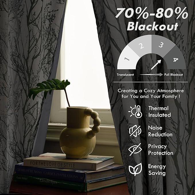 DriftAway Linen Printed Blackout Curtains Tree Branch Pattern Double Layer 90 Inches Long for Bedroom Thermal Insulated Summer Sound Lined Grommet Drapes for Living Room 2 Panels Loden Green/Linen - Image 5