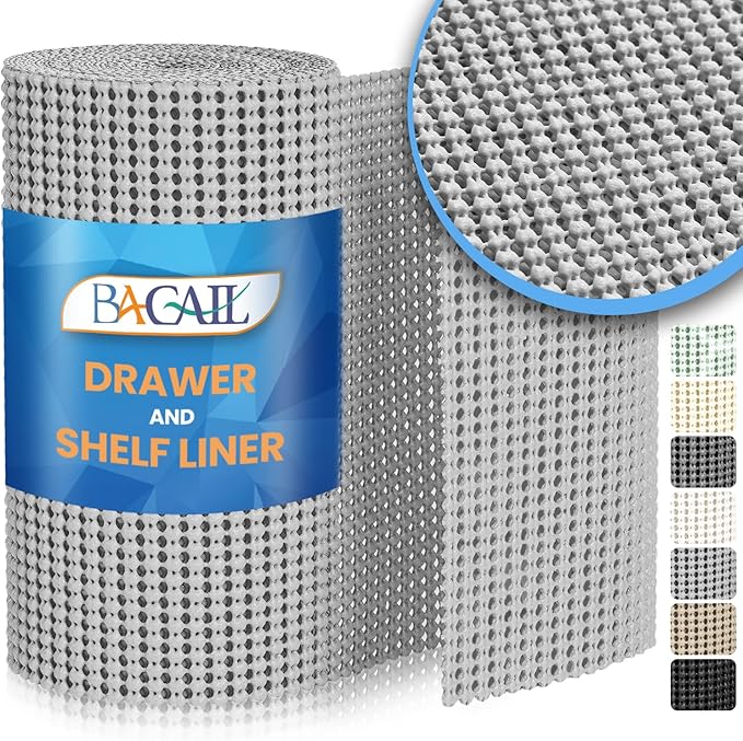 BAGAIL Drawer and Shelf Liner, 17.5 in X 10 Ft Non-Adhesive Shelf Liners for Kitchen Cabinets, Thick Strong Grip Liners for Desk, Shelves, Bathroom Drawers, Cabinet Protection - LightGrey by BAGAILBASICS