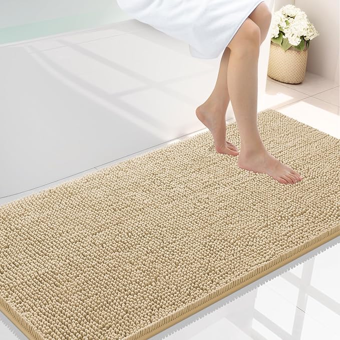 Smiry Luxury Chenille Bathroom Rugs 47x24, Extra Soft and Absorbent Shaggy Bath Mat, Machine Washable, Non-Slip Plush Carpet Runner for Tub, Shower, and Floor, Home Decor Accessories, Beige by Smiry