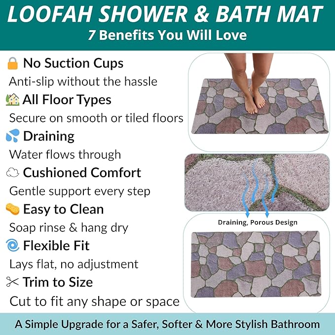 Anti Slip Shower Mat - Non Slip Shower Mats for Inside Shower - Large 47x24 Loofah Shower Floor Mat Non Slip - Bath Mat for Shower - Secure Mat Without Suction Cups (47x24 Stone Path) - Image 4
