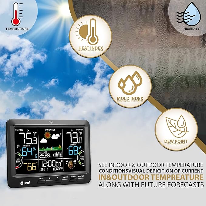 Weather Station Indoor Outdoor Thermometer Wireless, Home Atomic Clock with Large Constant Display, Inside Outside Temperature Humidity Monitor, Dew Heat Point, Barometer Black - Image 2