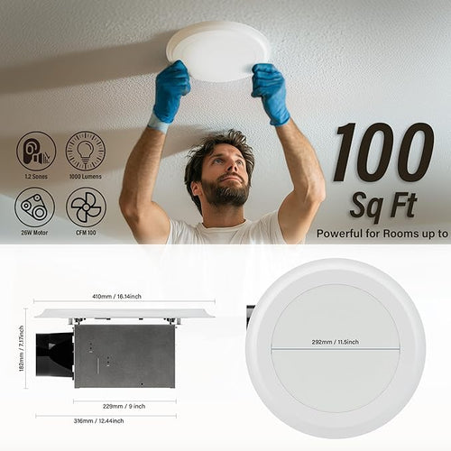 100CFM Round Bathroom Ventilation Fan: Quiet 1.2 Sones Ceiling Mount Exhaust Fan Combo with Integrated LED Light, 5CCT Selectable, Dimmable, Wet Rated, ETL Certified - Image 2