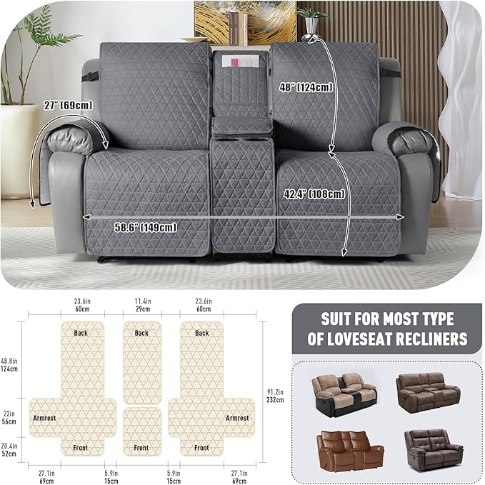 TAOCOCO 100% Waterproof Loveseat Recliner Couch Sofa Covers with Console,Double Reclining Couch Cover Non-Slip Sofa Slipcovers Washable,Furniture Protector Covers for Kids,Pets(2 Seater,Dark Gray) - Image 2