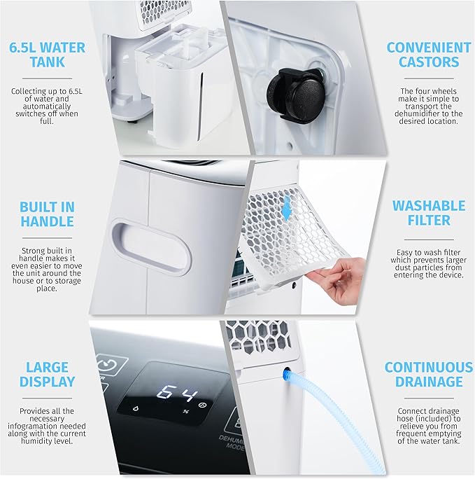 Nyxi 4,500 Sqft / 50 Pints Compressor Dehumidifier, Smart Digital Humidity Control, XL Water Tank 1.7 Gallon, Drain Hose Option, 24-Hour Timer, Removes Moisture for Home, Laundry, Office - Image 7