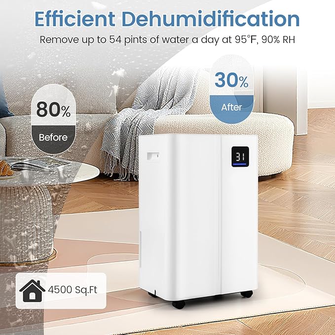ARLIME 4500 Sq.Ft Dehumidifier for Basement, 54 Pints Dehumidifier with 4L Water Tank, 3 Modes, Timer, Memory, Child Lock, Auto Defrost, LED Display & 3-Color Indicator for Home, Bedroom, Bathroom - Image 2