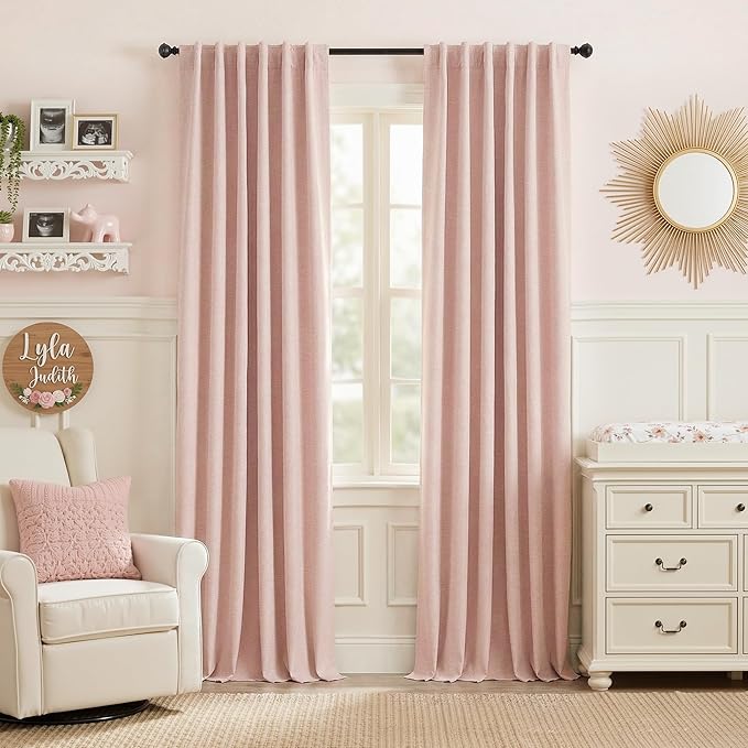 RYB HOME Pink 100%Blackout Linen Curtains for Girl's Room W52 x L84, Thermal Insulated &Privacy Assurd Curtains for Bedroom/Nursery/Living Room, Rod Pocket&Back Tab Drapes Boho Vintage Style, 2 Panels by RYBHOME
