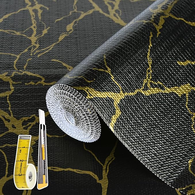 2-Layer Drawer and Shelf Liner for Kitchen Cabinet: 12in X 20Ft Non Slip Waterproof Shelf Paper Non Adhesive Refrigerator Liners Black/Gold Marble Easy Liners for Bathroom with Knife Tape Measure by Kimhan