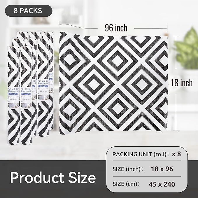 FIFTY FEET 18"x96" Non-Adhesive Shelf Liner for Kitchen Cabinets and Drawers, Washable Non-Slip PVC Cabinet Liner (Black Plaid)(8 Roll) - Image 5