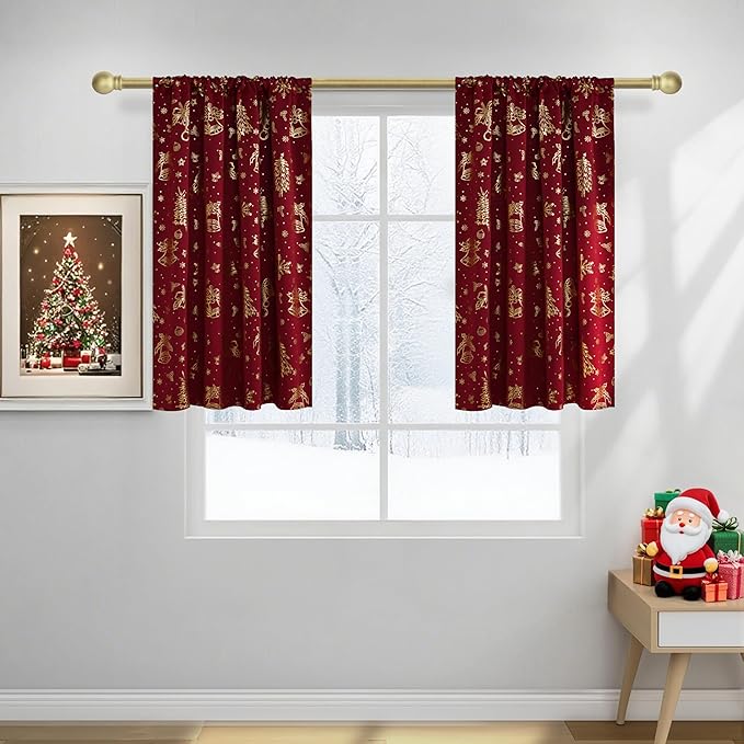 NICETOWN 2 Panels Christmas Red Rod Pocket 42 x 36 Inch Valance Curtains - Holiday Themed Window Treatment for Living Room, Bedroom, Study, Dining Room, Kids Room - Gold Stamping Design by NICETOWN
