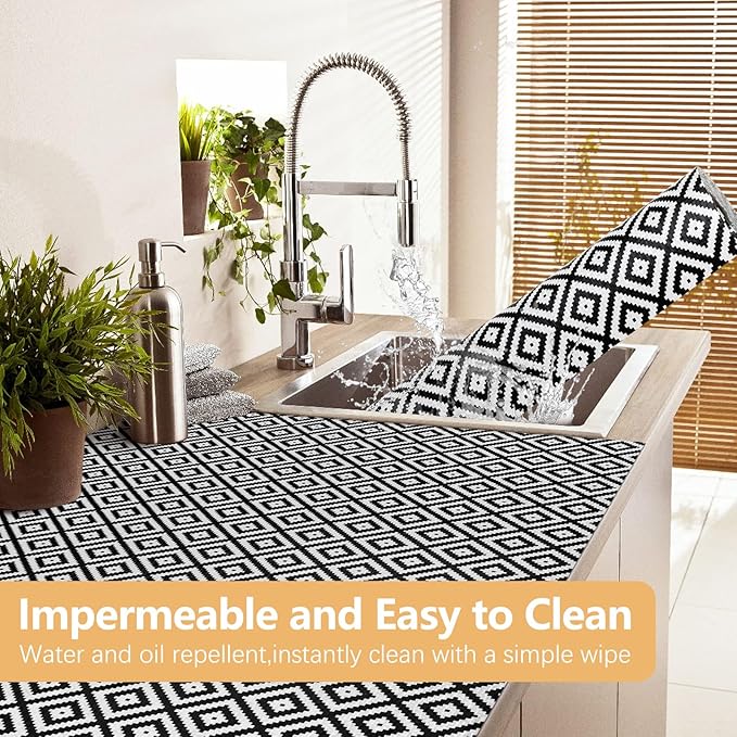 Drawer Shelf Liner Non Adhesive, Slip Resistant Easy to Clean Protect Kitchen Mats Thickened Strong Grip for Cabinet, Pantry, Tool Box, Cupboard, Dresser, Bathroom (Black and White, 12 in x 10 FT) - Image 7