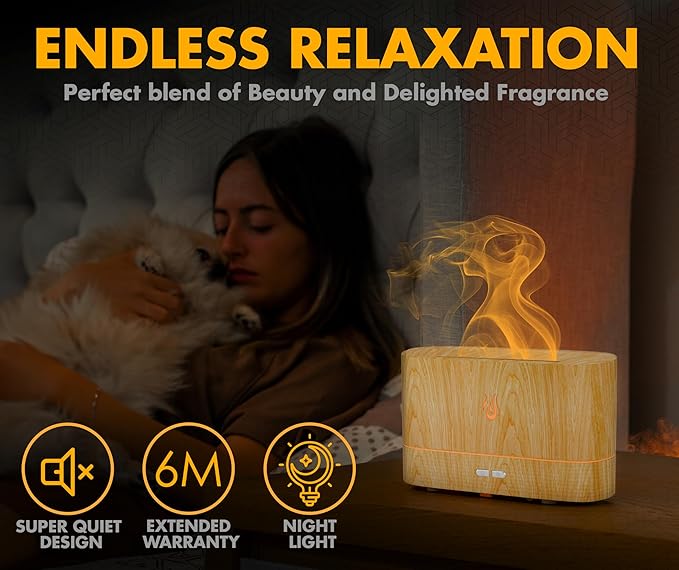 Colorful Aroma Essential Oil Diffuser for Home, Quiet Cool Mist Flame Humidifier for Bedroom with Remote, Fire Flame Diffuser Humidifier with Scent (Light Wood) - Image 3