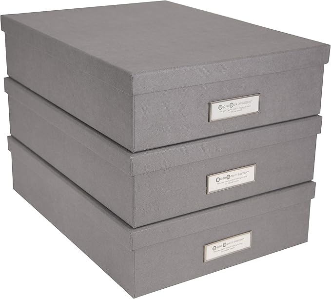 Bigso Oskar Fiberboard Label Frame Document Letter Box - File Organizer Box for Important Paperwork - Document Storage with a Lid & Metal Label Window - 3.3 in x 10.2 in x 13.8 in - Grey - Image 4