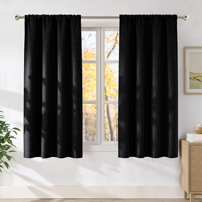 NICETOWN Black Faux Linen Room Darkening Rod Pocket Curtains 63 inch Length, W42 x L63, Light Blocking Thermal Insulated Noise Reducing Drapes for Bedroom Living Room Farmhouse Decor, 2 Panels by NICETOWN