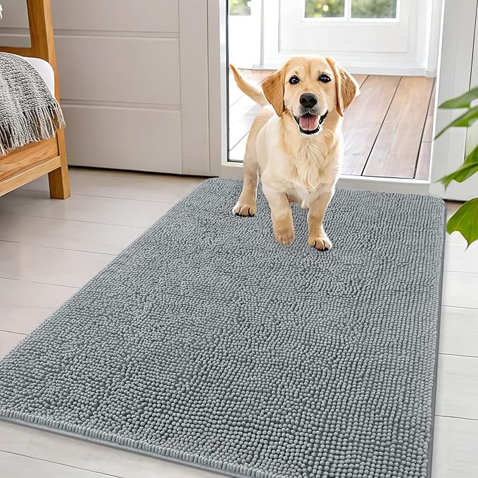 OLANLY Dog Door Mat for Muddy Paws 44x32, Absorbs Moisture and Dirt, Absorbent Non-Slip Washable Doormat, Quick Dry Chenille Mud Mat for Dogs, Entry Indoor Entryway Carpet for Inside Floor, Grey by OLANLY