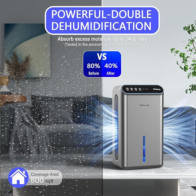 Dehumidifiers for Home (85 OZ Water Tank, 800 sq.ft) Quiet Small Dehumidifier for Basement Bedroom Bathroom with Drain Hose, 3 Gear Timer, Sleep Mode, Auto Shut Off, 7 Color Ambient Light - Image 3