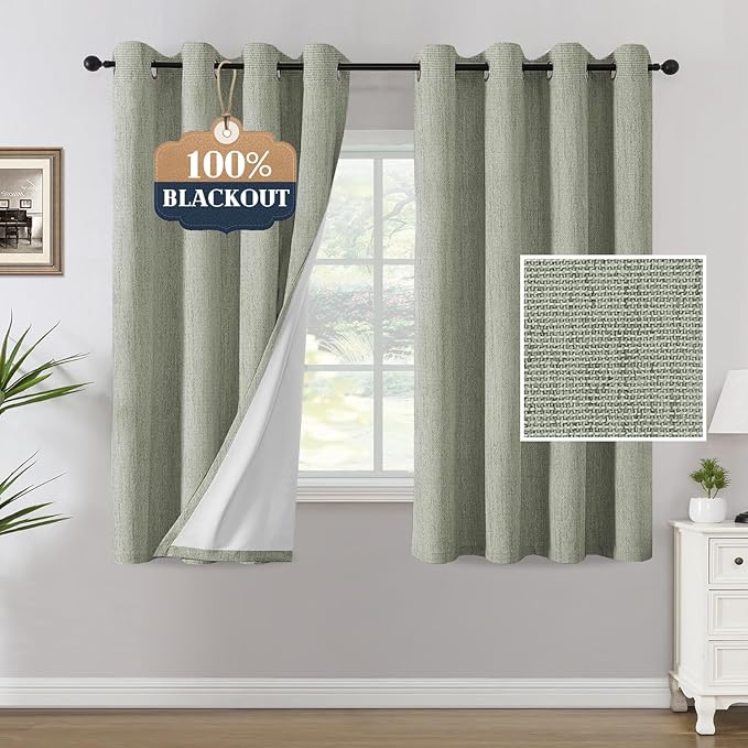H.VERSAILTEX Chenille Linen Blackout Curtains for Bedroom 63 Inches Long Thermal Insulated Textured Linen Look Curtains with White Flocking Coating Back, Heathered Sage(Not Solid) by HVERSAILTEX