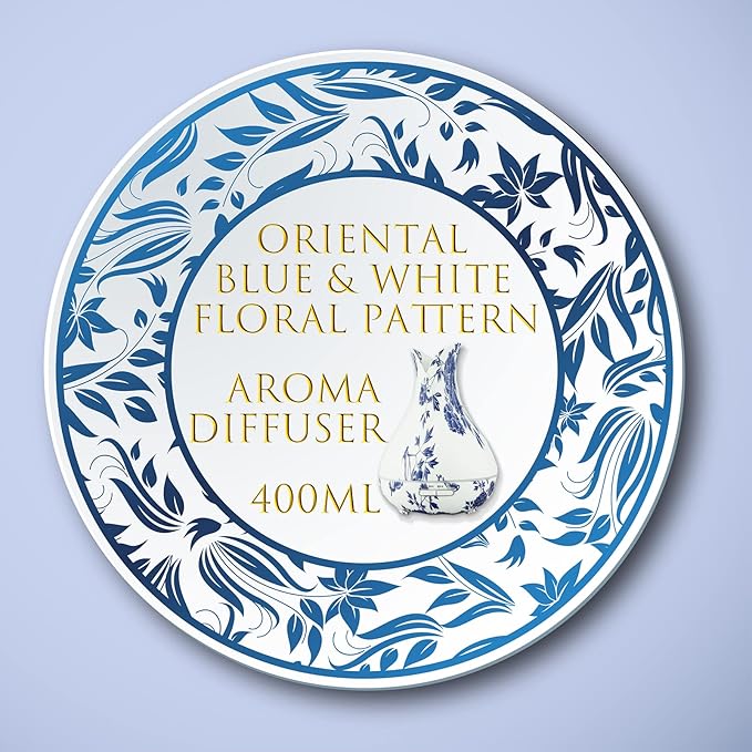 Oriental Blue-and-White Floral Pattern Grain Aroma Diffuser (400 ml) Ultrasonic Cool Mist Humidifier, U-MATE, Essential Oils Aromatherapy, 7 Colors LED Light, for Office Home Study Yoga Spa - Image 2