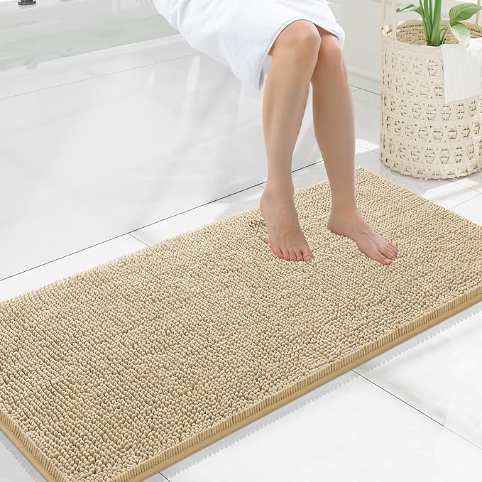 Smiry Luxury Chenille Bathroom Rugs 47x20, Extra Soft and Absorbent Shaggy Bath Mat, Machine Washable, Non-Slip Plush Carpet Runner for Tub, Shower, and Floor, Home Decor Accessories, Beige by Smiry