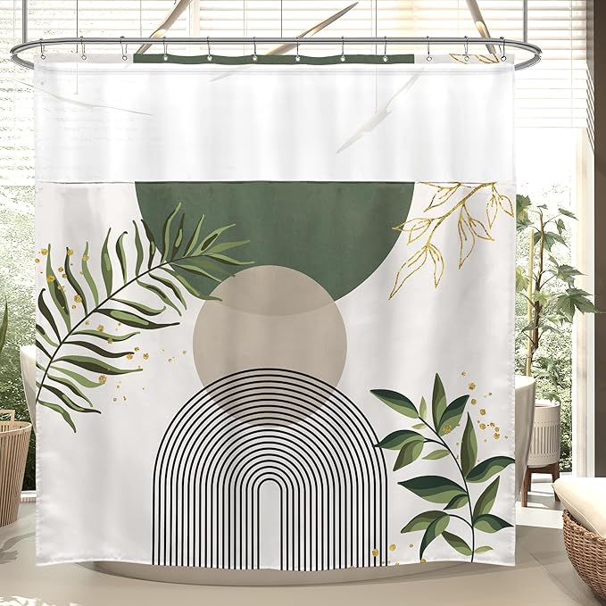 Sage Green Boho Shower Curtain with Snap in Liner Modern Mid Century Abstract Minimalist Gold Leaves Plant Sun Geometric Arch 72Wx72H Bathroom Decor Bath Curtain Fabric Polyester 12 Pack Hooks - Image 2