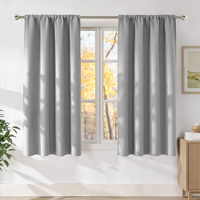 NICETOWN Light Grey Faux Linen Room Darkening Rod Pocket Curtains 63 inch Length, W42 x L63, Light Blocking Thermal Insulated Noise Reducing Drapes for Bedroom Living Room Farmhouse Decor, 2 Panels by NICETOWN
