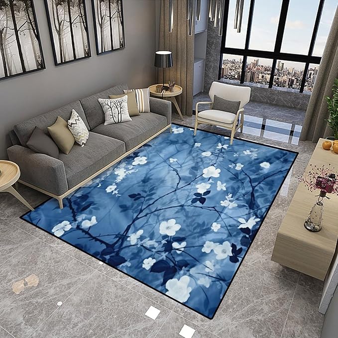Blue Watercolor Floral Pile Carpet - Moisture Barrier, Fade, Flame, Quick Dry, Stain Resistant Floor Carpet for Living Room Bedroom, 60 x 96 Inch - Image 4