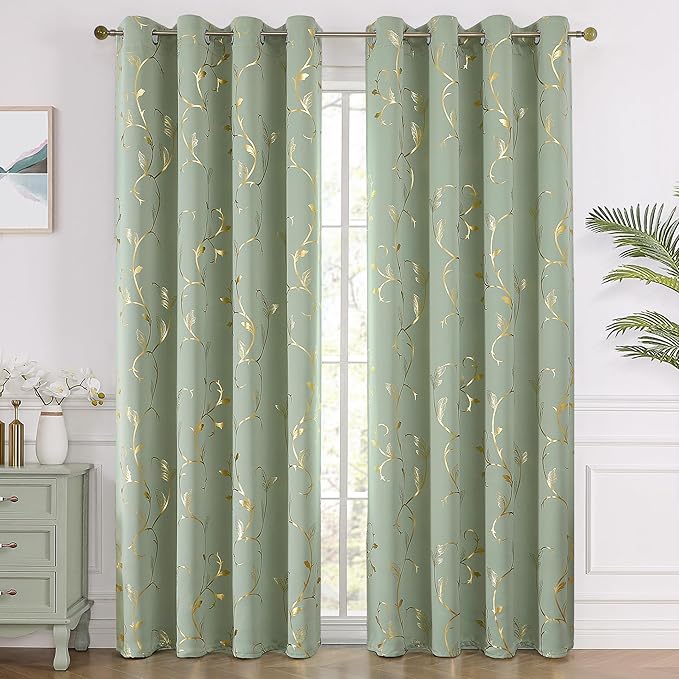 BUHUA Blackout Curtains Gold Foil Print Flower Vine Grommet Drapes, Room Darkening Thermal Insulated Curtains, Noise Reducing Curtain for Bedroom, Sage Green, 52Wx96L, 2 Panels - Image 2