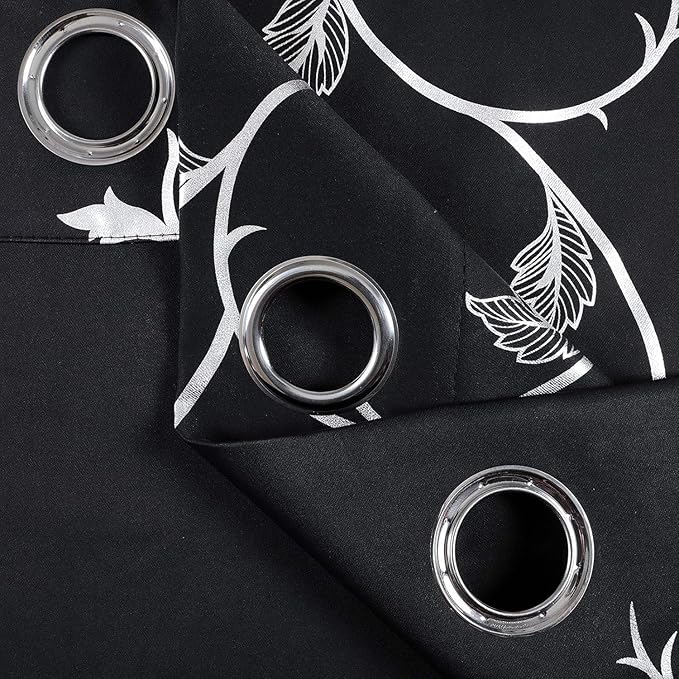 BUHUA Blackout Curtain 2 Panel Set Silver Vine Foil Print Thermal Insulated Drapes Room Darkening Curtains Grommet Window Treatment, 66 x 84 Inch, Black - Image 5