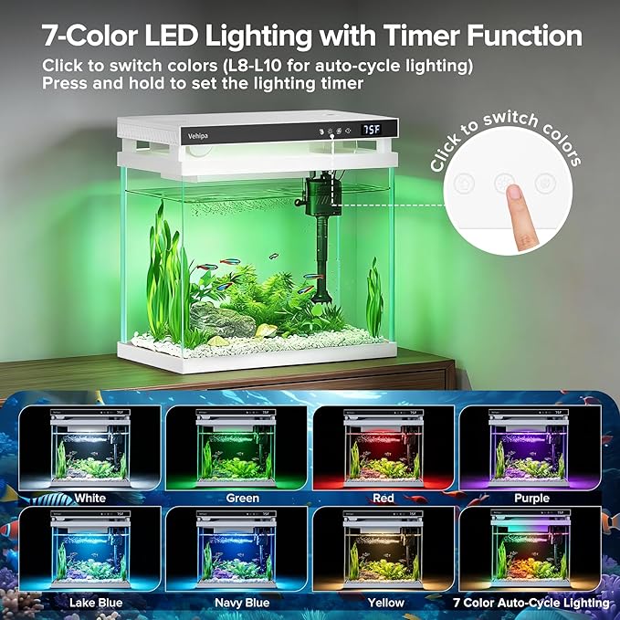 Fish Tank Aquarium, 2.2 Gallon Smart Fish Aquarium Kits with Auto Feeder, Silent Water Pump, Temperature Display, Smart Humidifier & 7-Color Lighting, for Office & Home - White - Image 4