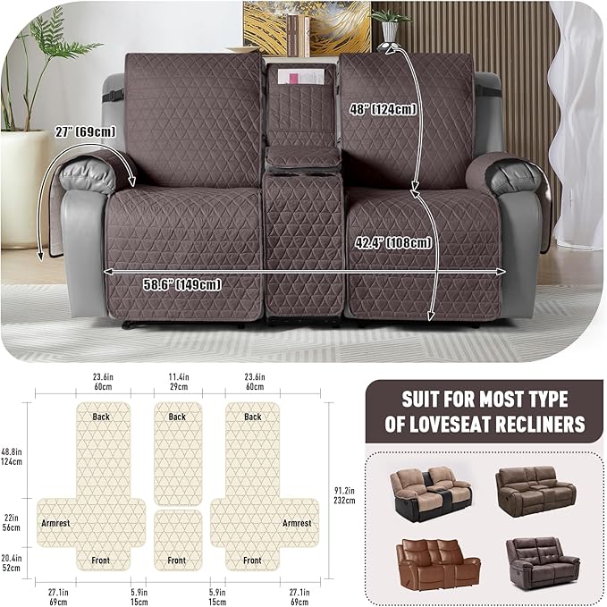 TAOCOCO 100% Waterproof Loveseat Recliner Cover with Console, Non-Slip Washable Reclining Couch Cover for 2 Seats, Furniture Protector for Dogs, Dark Brown - Image 2