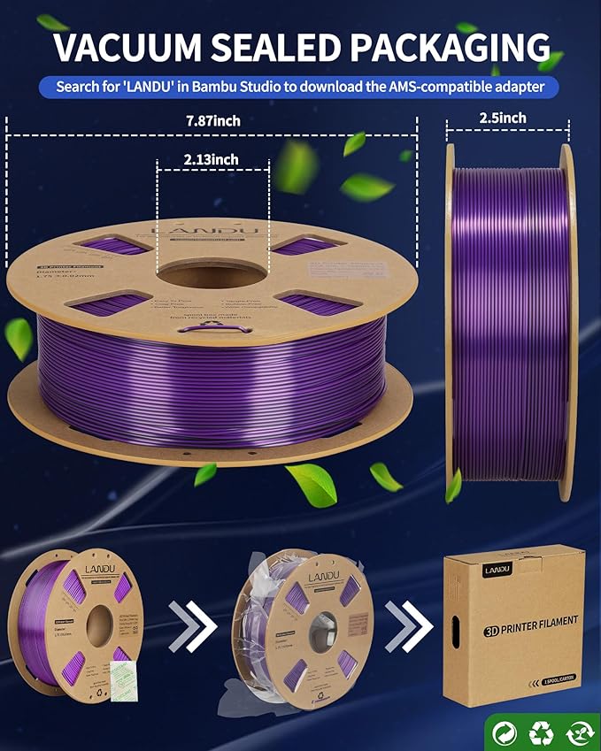 LANDU Silk Dual Color PLA Filament 1.75mm 1KG, 3D Printer Filament Dimensional Accuracy +/- 0.02mm, Coextrusion Filament PLA Shiny Filament Fits for Most FFF 3D Printers,1KG Spool,Black Purple - Image 6
