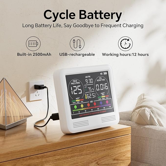 16-in-1 Air Quality Monitor Indoor with 7AQI Beep Alarm, CO2 Monitor, Air Quality Detector with PM1.0 | PM2.5 | PM10 | Temp | HUM | Formaldehyde | VOC Tester for Home Office Plant - Image 5