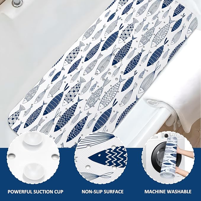 Fish Bathtub Mat Non Slip, Boho Baby Bath Mat for Tub Rubber Tub Mat, Cute Kids Bath Mats for Bathroom Ocean Anti Slip Shower Mat with Suction and Drain Holes Machine Washable, 40″X16″ - Image 5