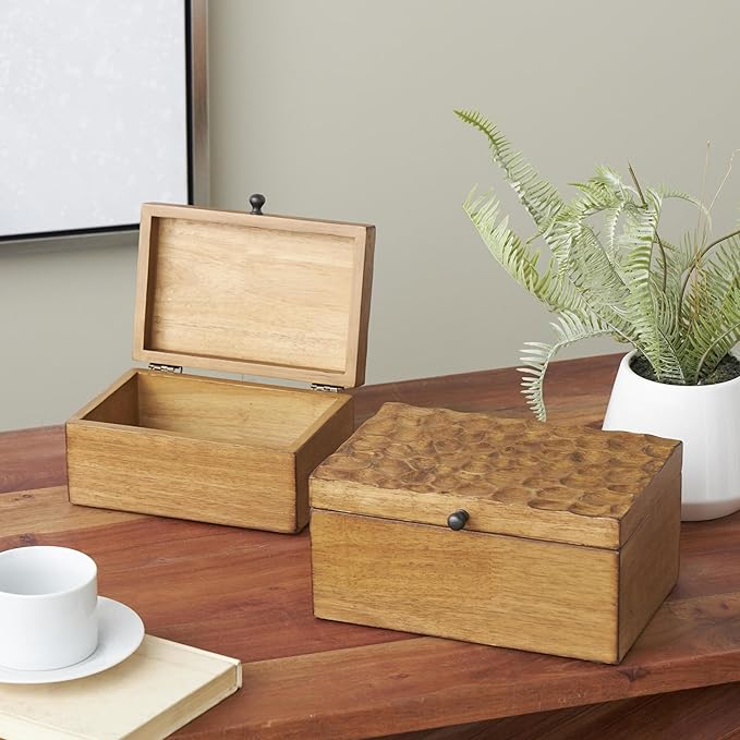 Deco 79 Wood Geometric Decorative Box Textured Concave Honeycomb Storage Decorative Keepsake Boxes with Black Knobs, Set of 2 Storage Boxes 10", 8"W, Brown - Image 2