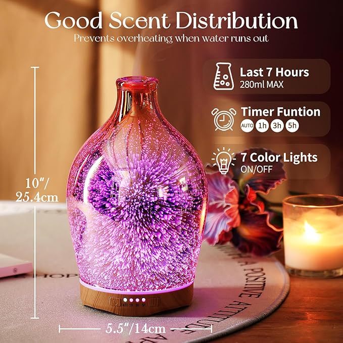 Porseme 280ml Essential Oil Diffuser 3D Glass Aromatherapy Ultrasonic Humidifier - Auto Shut-Off, Timer Setting, BPA Free for Home Hotel Yoga Leisure SPA Gift - Image 3