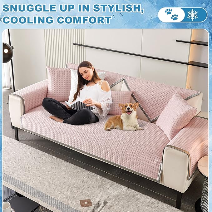 OTOB Cooling Dog Couch Cover Ice Silk Fiber, Washable & Non Slip Sofa Slipcovers Mat, Soft Couch Cover Cooling Mat, Durable Pet Friendly Furniture Protector Covers(Pink, 28"*59") - Image 9