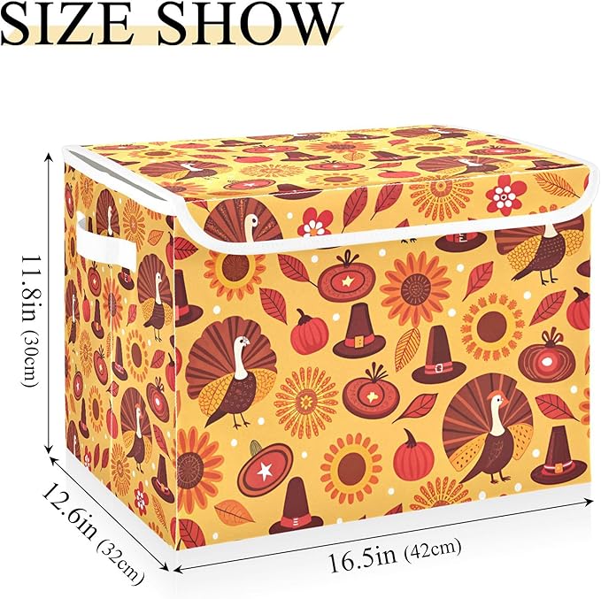 xigua Thanksgiving Sunflower Turkey Storage Bins with Lids and Carrying Handle,Foldable Storage Boxes Organizer Containers Baskets Cube with Cover for Home Bedroom Closet Office - Image 3