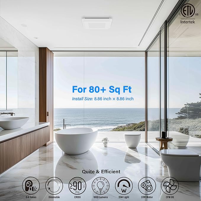2 in 1 Bathroom Exhaust Fan with LED Light: 20W Ceiling Mount Ventilation Fan and Lamp Combo for Bathroom and Home, 80CFM, 120V, 1000LM, 5CCT Seletable, Dimmable & Wet Rated, ETL Certified - Image 7