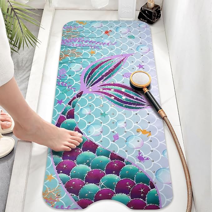 Mermaid Bathtub Mat Non Slip, Cute Baby Bath Mat for Tub Rubber Tub Mat, Kids Bath Mats for Bathroom Little Girls Anti Slip Shower Mat with Suction and Drain Holes Machine Washable, 40″X16″ - Image 5