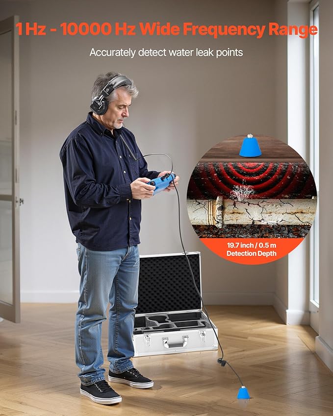 VEVOR Pipe Water Leak Detector for Indoors, 1Hz-10000Hz, 7" Touchscreen Plumbing Water Leakage Detection Locator with Horizontal & Vertical Sensors, Headphones, 8GB SD Card & Carry Case for Home Use - Image 2