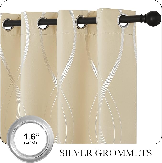 NICETOWN Bedroom Curtains Small Blackout Panels, Biscotti Beige, Set of 2, 42 by 40 Inch, Window Treatment Thermal Insulated Blackout Wave Line Foil Print Design Curtains for Kitchen, Cafe, Loft - Image 2