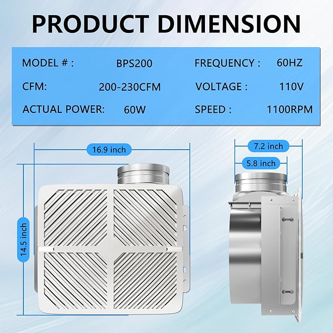Bathroom Exhaust Fan White Ceiling Mount Ventilation Fan 200-230 CFM 1.5 Sones 6 Inches Duct Energy-Saving Bathroom Ventilation and Exhaust Fan - Image 3