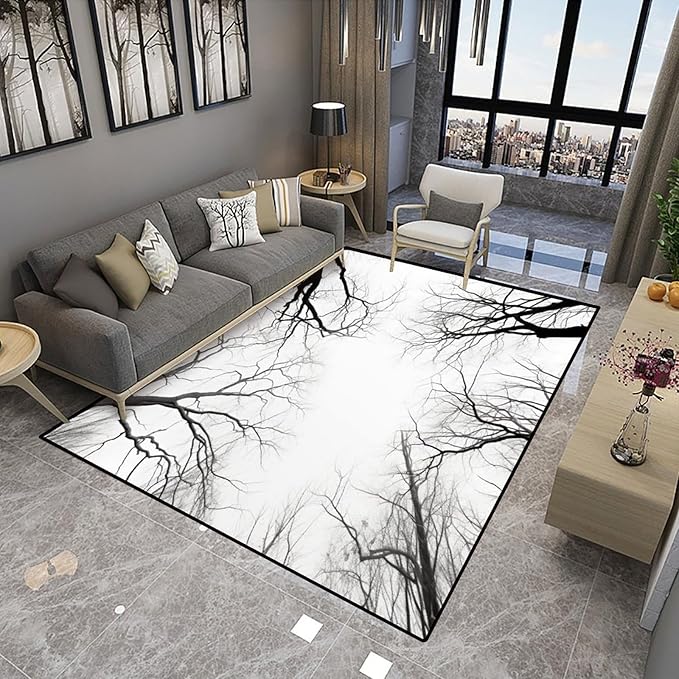 Runner Black and White Tree Branches Printed Patterns Non-Slip Area Rugs Fade Resistant, Flame Resistant, Quick Dry, Stain Resistant, Waterproof Floor Carpet for Living Room Bedroom, 78 x 96 Inch - Image 4