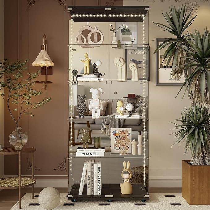 Yoluckea 5-Tier Glass Display Cabinet with Bluetooth LED Light Strip, 2-Door Floor Standing Curio Cabinet with Universal Wheel and Mirror Back Panel, Black Glass Bookshelf for Collections, Wood Top by Yoluckea