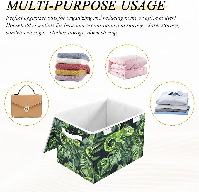 xigua Green Chameleons Storage Bins with Lids and Carrying Handle,Foldable Storage Boxes Organizer Containers Baskets Cube with Cover for Home Bedroom Closet Office Nursery - Image 7