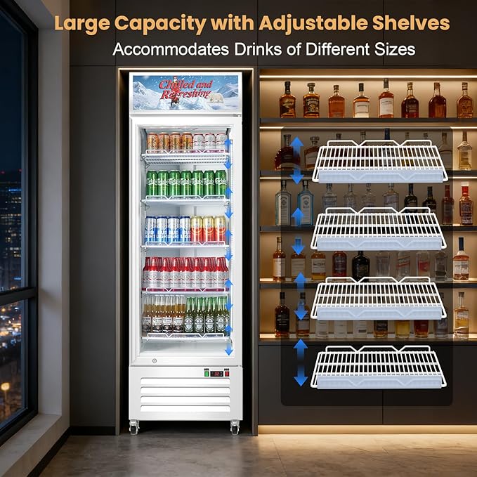 Commercial Beverage Refrigerator with Glass Door, 383L Display Fridge Beverage Cooler with Customizable Lightbox Adjustable Shelves, Drink Fridge Merchandiser for Restaurant Shop, White - Image 5