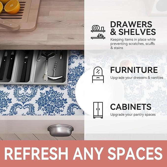 RAY STAR Shelf Liner, 12 Inch x 10 Feet Non Adhesive Vintage Navy Blue Floral Kitchen Cabinet Liner for Pantry Drawer Vanity, Strong Grip Non Slip, Shelf Liners for Kitchen Cabinets Cupboard - Image 6