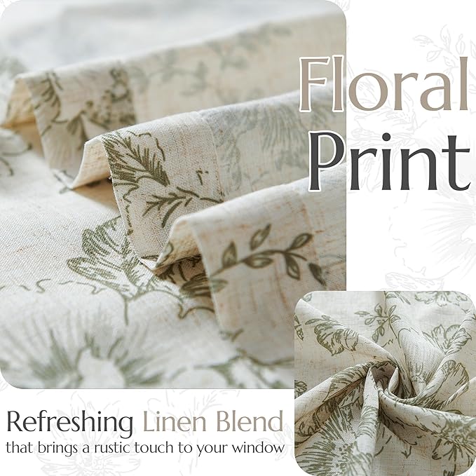 jinchan Pinch Pleated Curtains Floral Linen Blend Curtains for Living Room 96 Inches Length Green Peony Flower Printed Curtain Rod Pocket Back Tab Farmhouse Drapes with Hooks Set 2 Panels - Image 6